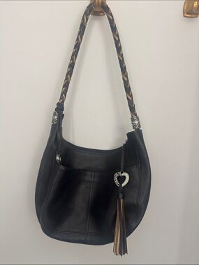 Brighton Black Leather Hobo with Braided Strap and Heart Charm